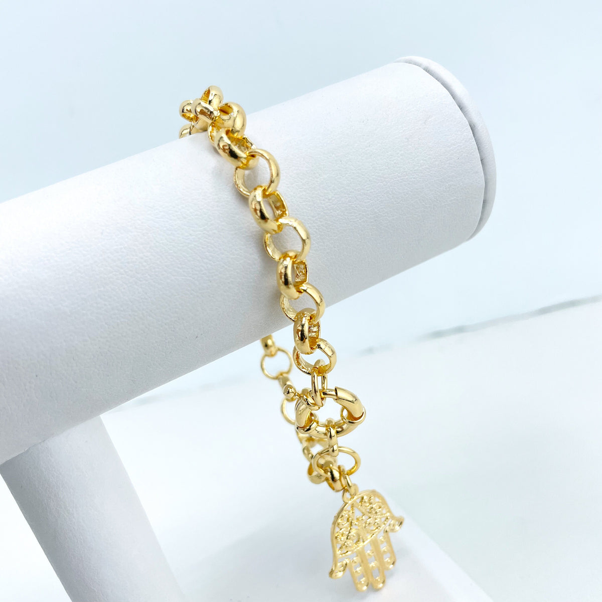18k Gold Filled 8mm Rolo Chain with Dangle Cutout Hamsa Hand Charm and Spring Ring Clasp Bracelet, Wholesale Jewelry Making Supplies