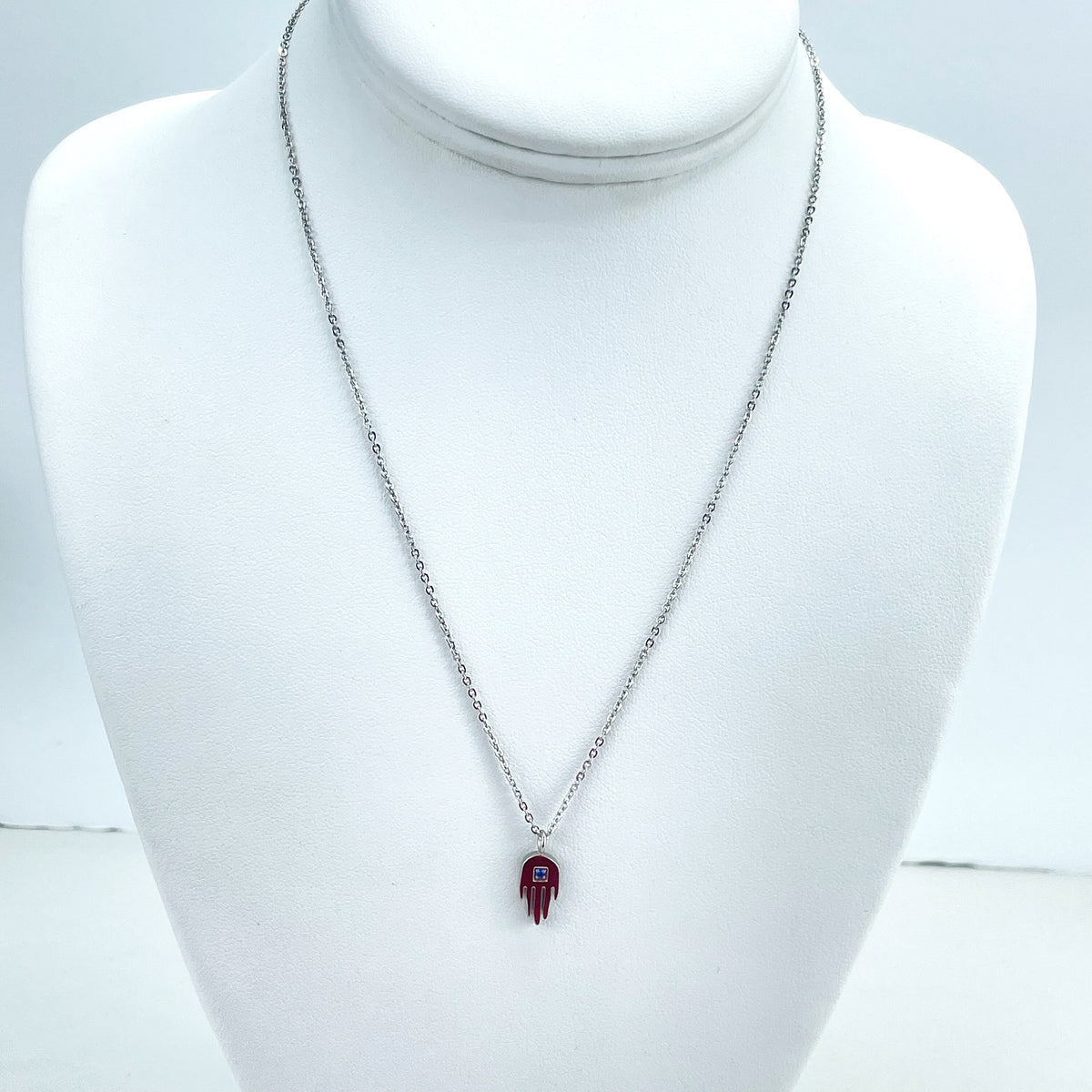 Stainless Steel 1mm Rolo Chain with Hamsa Hand Charm with Blue Cubic Zirconia Necklace, Wholesale Jewelry Making Supplies
