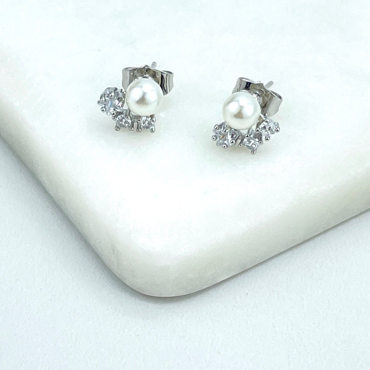 18k Gold Filled or Silver Filled Three Clear Cubic Zirconia & Simulated Pearl Stud Earrings, Wholesale Jewelry Making Supplies