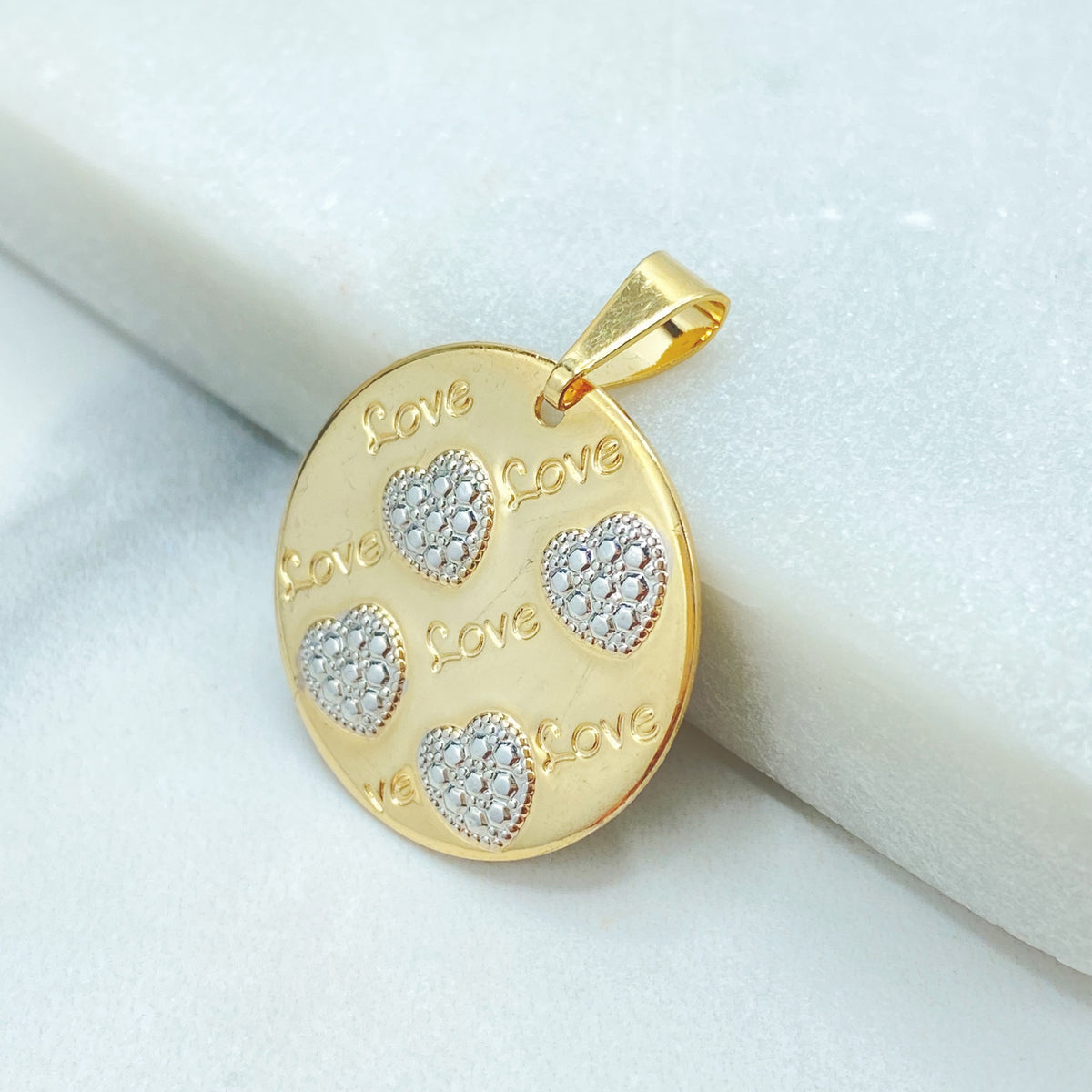 18k Gold Filled Circle Love Words and White Gold Texturized Hearts Charms Pendant Wholesale Jewelry Making Supplies