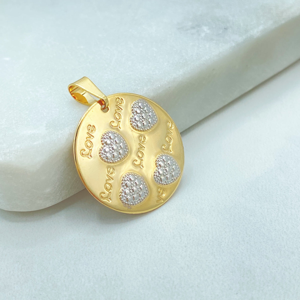 18k Gold Filled Circle Love Words and White Gold Texturized Hearts Charms Pendant Wholesale Jewelry Making Supplies