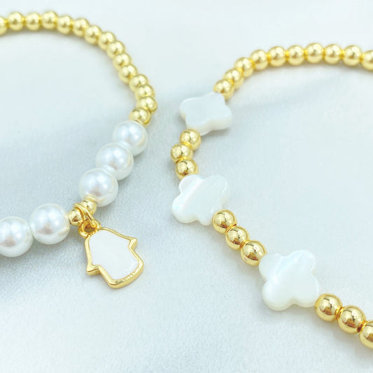 18k Gold Filled Clover, Butterfly or Hamsa Hand Madreperola Charm & Simulated Pearl Beaded Bracelets, Wholesale Jewelry Making Supplies