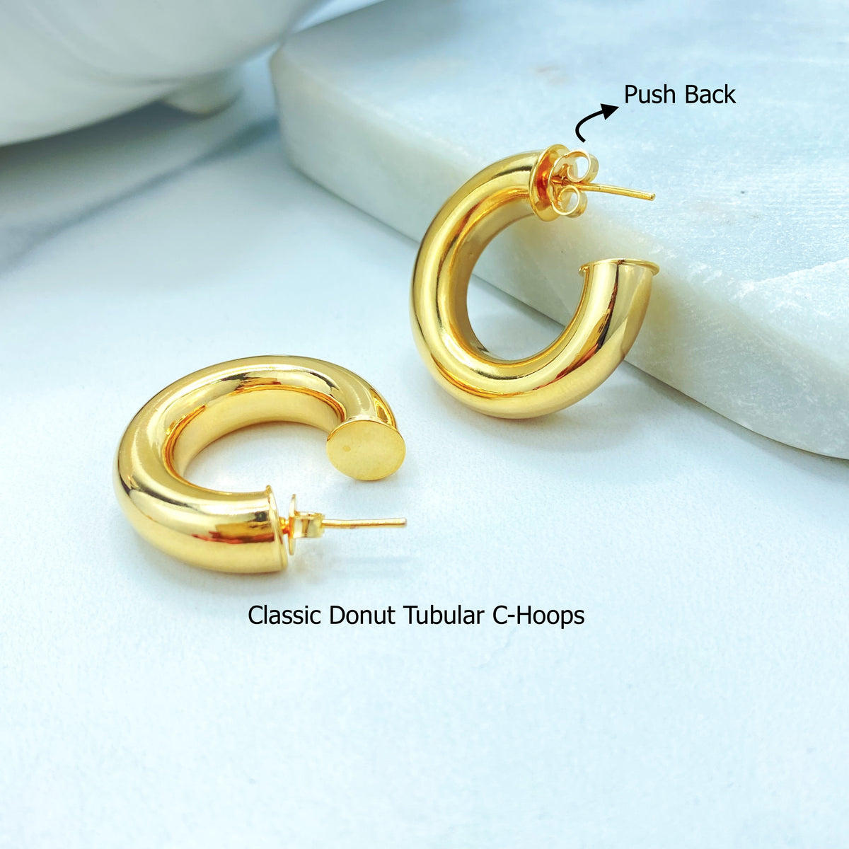 18k Gold Filled Hoop Earrings, Donut Tubular C-Hoops, 25mm 30mm, 35mm or 45mm