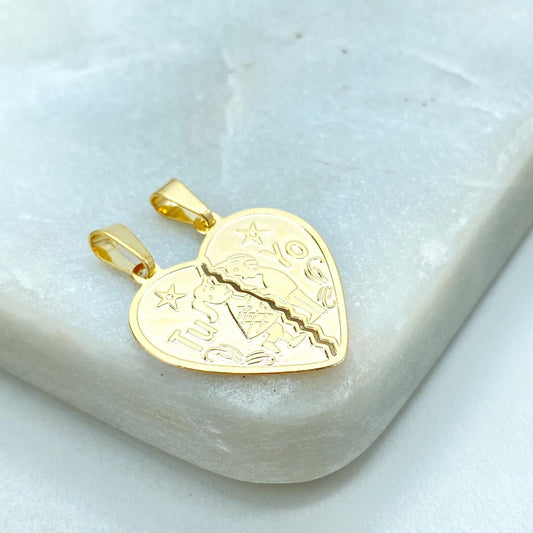 18k Gold Filled Tu y Yo Split Heart Pendant, Breakable Love Charm, Wholesale Jewelry