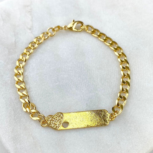 18K Gold Filled Kids Heart ID Bracelet, Filigree Curb Link Chain