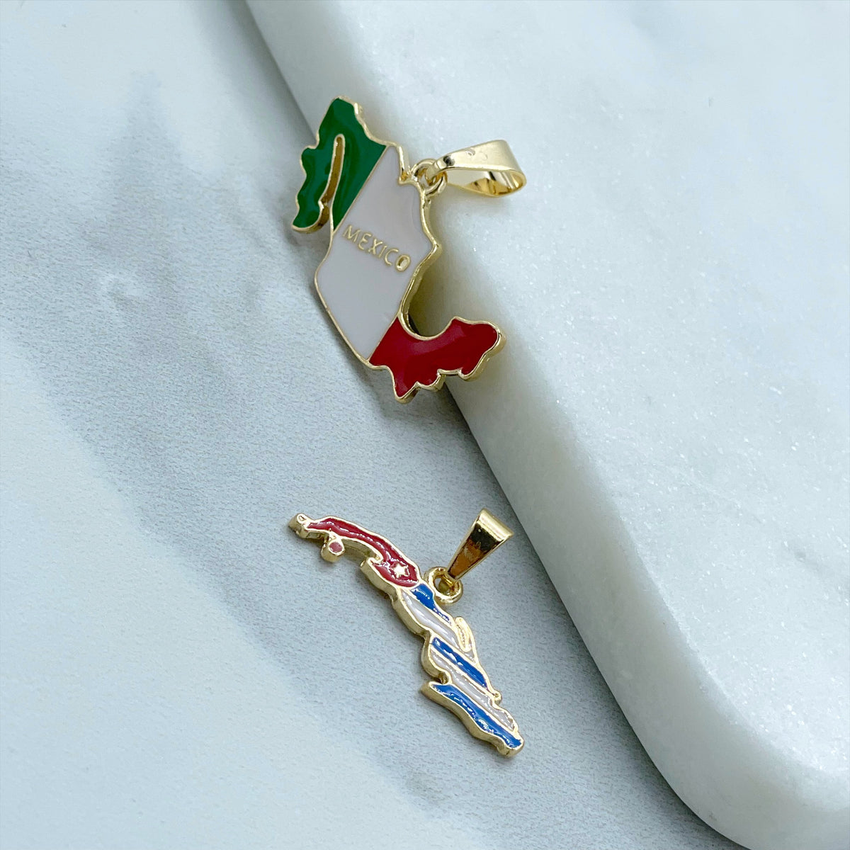 18K Gold Filled Cuba Map Pendant, Enamel Cuban Flag Charm