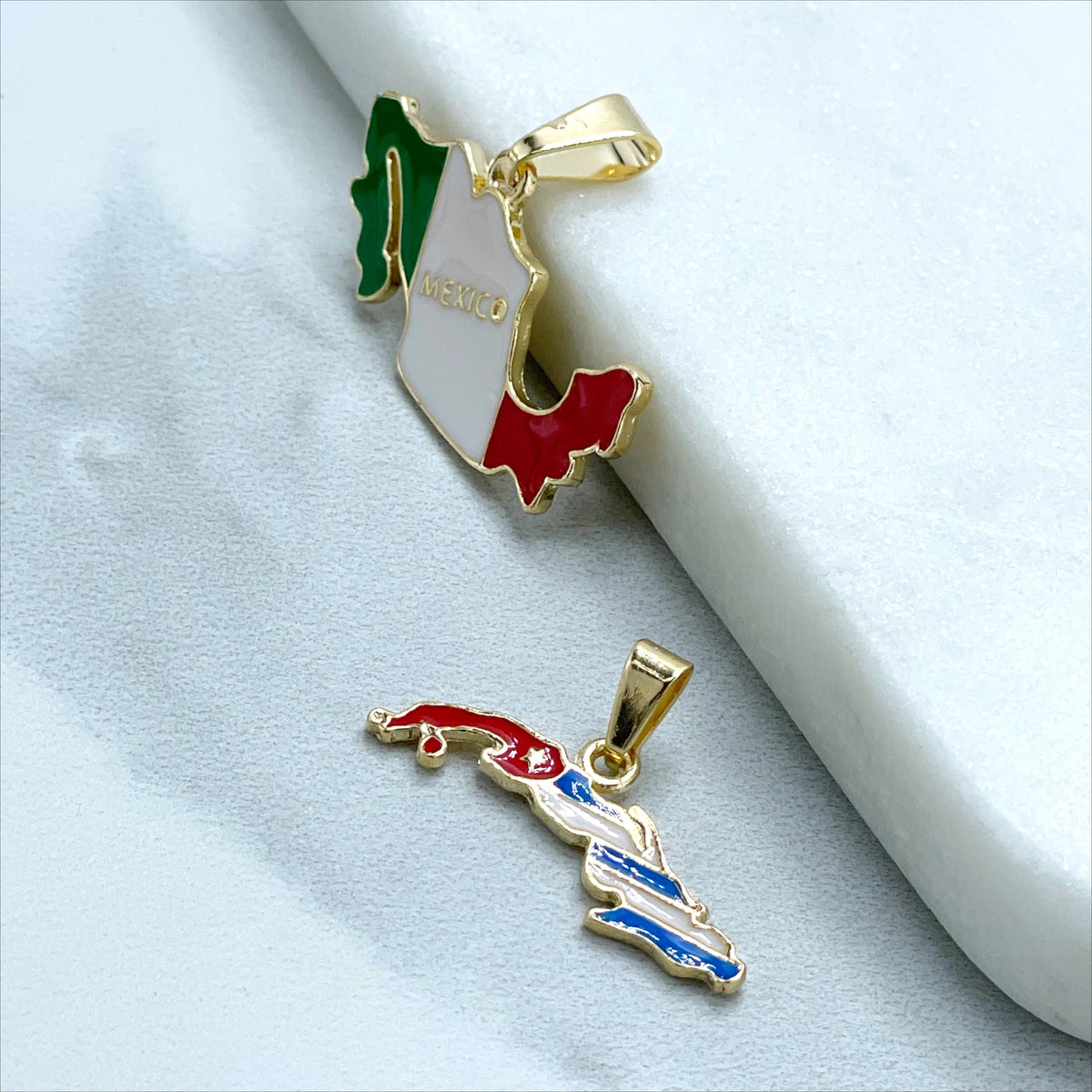 18K Gold Filled Cuba Map Pendant, Enamel Cuban Flag Charm