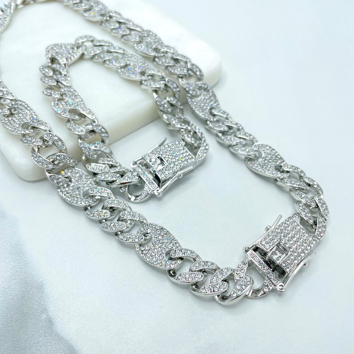 14k Gold Filled 13mm Iced Cuban Link & Mariner Link Chain, Double Safety Lock Box Cubic Zirconia Chain and Bracelet SET, Wholesale Jewelry