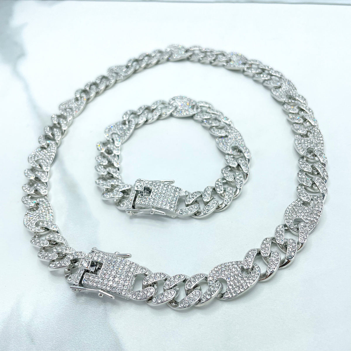 14k Gold Filled 13mm Iced Cuban Link & Mariner Link Chain, Double Safety Lock Box Cubic Zirconia Chain and Bracelet SET, Wholesale Jewelry