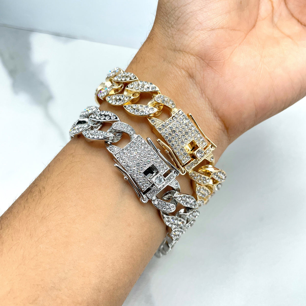 14k Gold Filled 13mm Iced Cuban Link & Mariner Link Chain, Double Safety Lock Box Cubic Zirconia Chain and Bracelet SET, Wholesale Jewelry