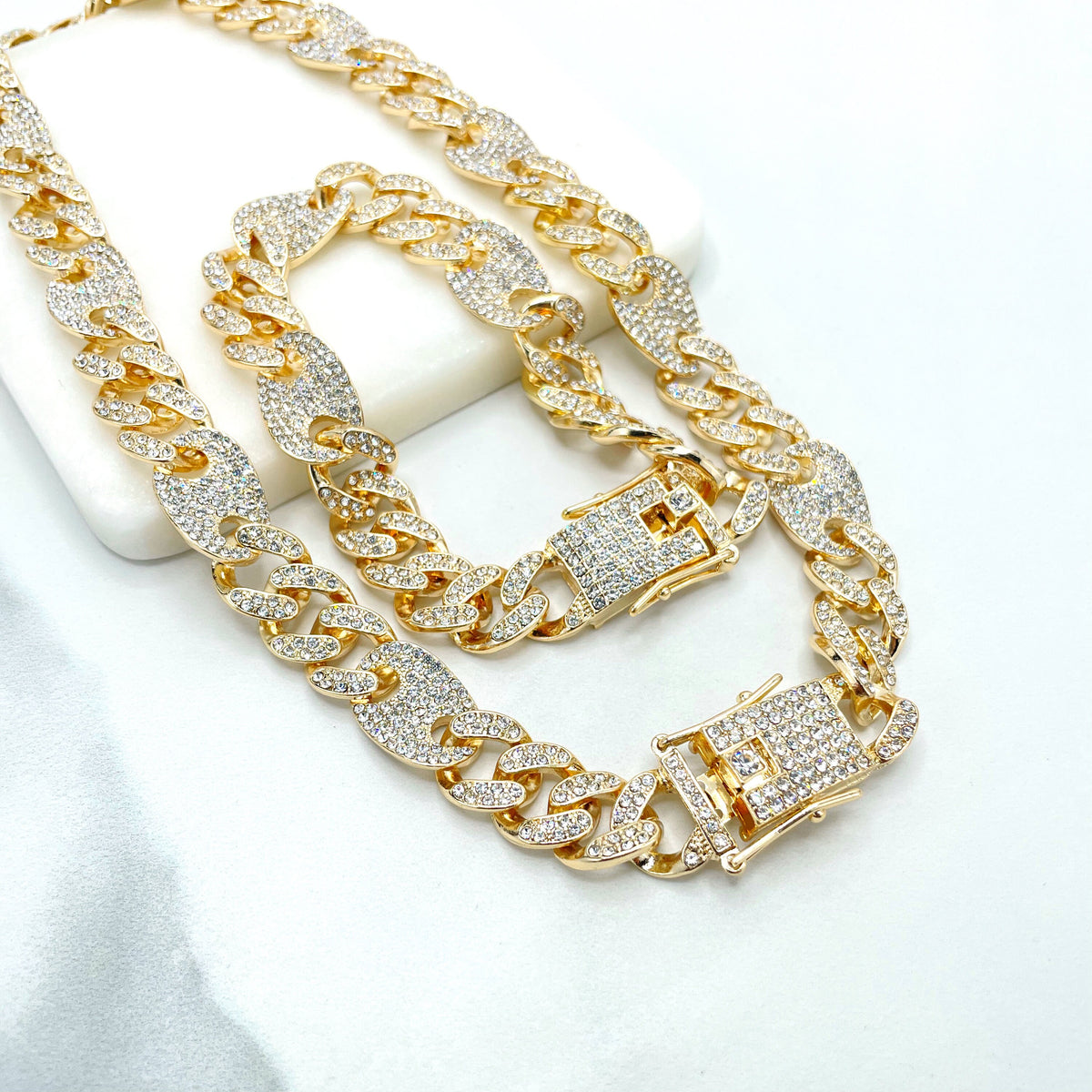 14k Gold Filled 13mm Iced Cuban Link & Mariner Link Chain, Double Safety Lock Box Cubic Zirconia Chain and Bracelet SET, Wholesale Jewelry