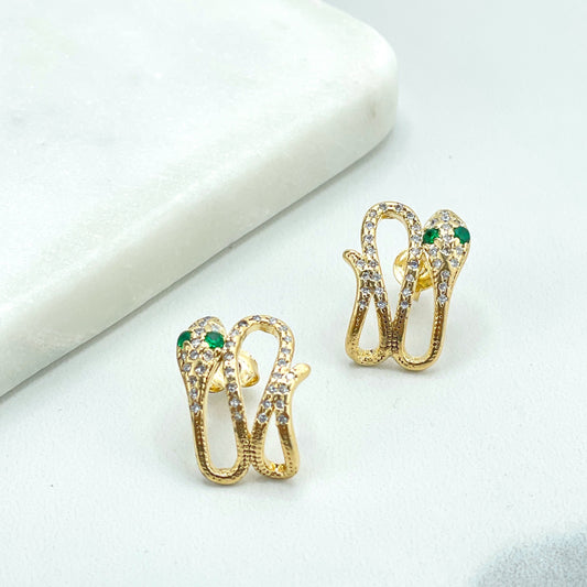 18k Gold Filled Clear and Green Micro Pave Cubic Zirconia Snake Earrings, Serpent Earrings, Wholesale Jewelry Making Supplies