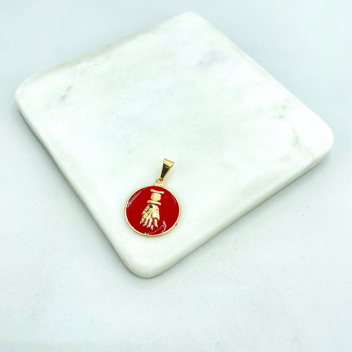 18k Gold Filled Good Luck & Protection Symbols Amulet Medals, Enamel, Hamsa Hand, Figa Hand, Chili Cornicello or Elephant, Wholesale Jewelry
