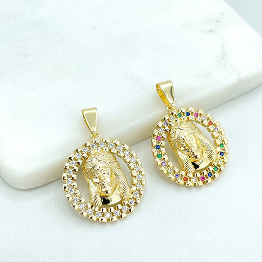 18k Gold Filled Clear or Colorful Cubic Zirconia Cutout Medal Medallion Jesus Christ Face Pendant Charm, Wholesale Jewelry Making Supplies