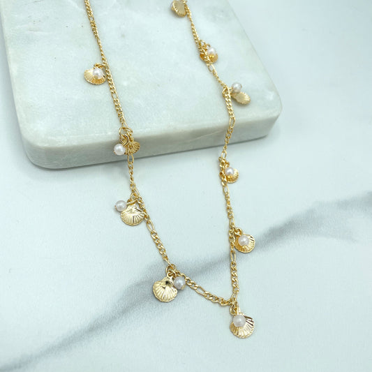 18k Gold Filled 2mm Figaro Chain, 18 Inches Long, with Shells and Simulated Pearls Charms Necklace, Wholesale Jewelry
