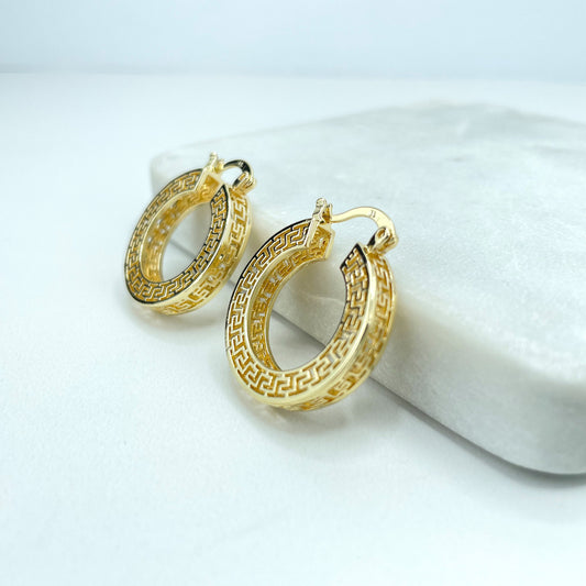 18k Gold Filled Textured Greek Key Hoops Shape Earrings, Cutout Greek Key Hoop, Medium 26mm or Small 19mm Size, Wholesale Jewelry Supplies