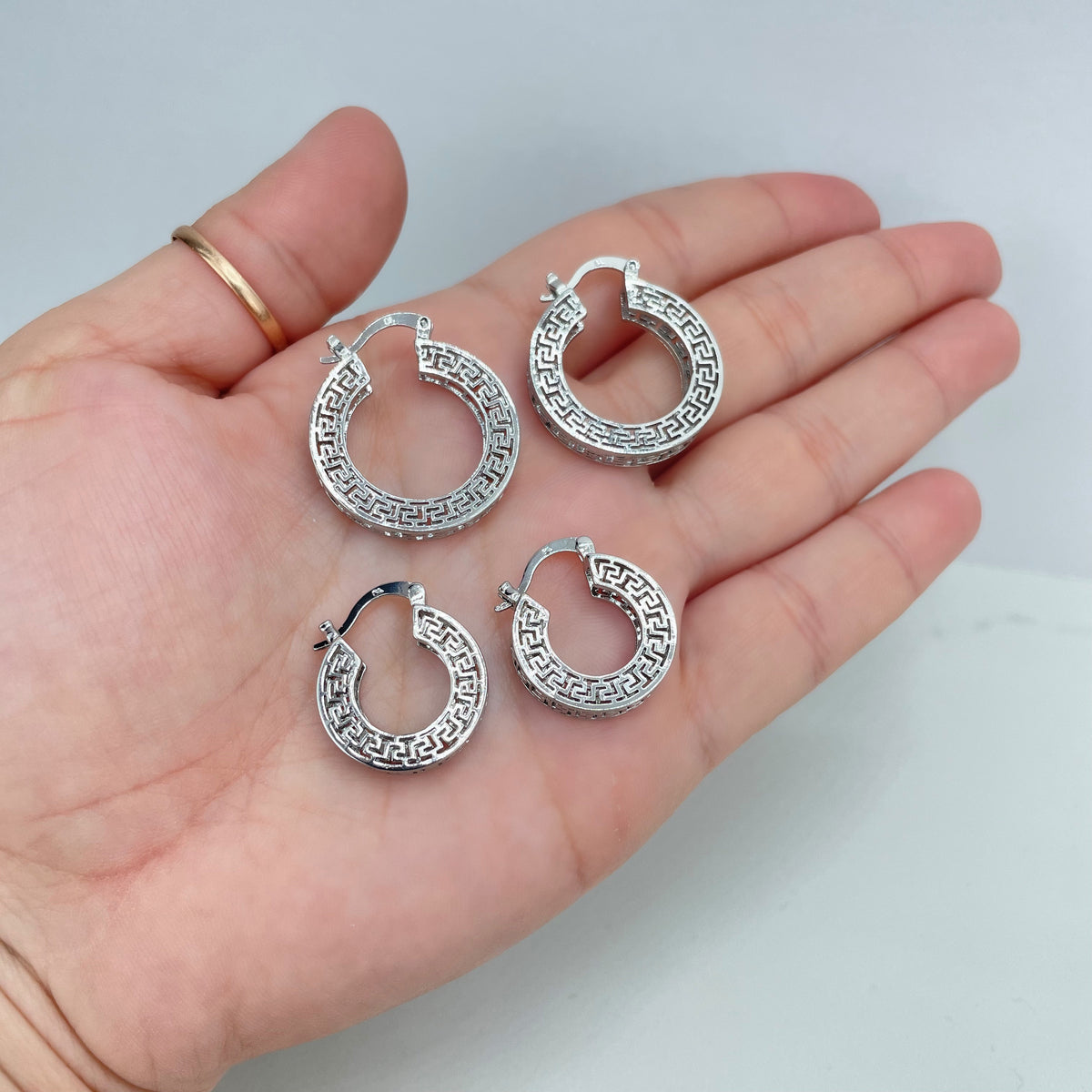 Silver Filled Textured Greek Key Hoops Shape Earrings, Cutout Greek Key Hoop, Medium 26mm or Small 19mm Size, Wholesale Jewelry Supplies