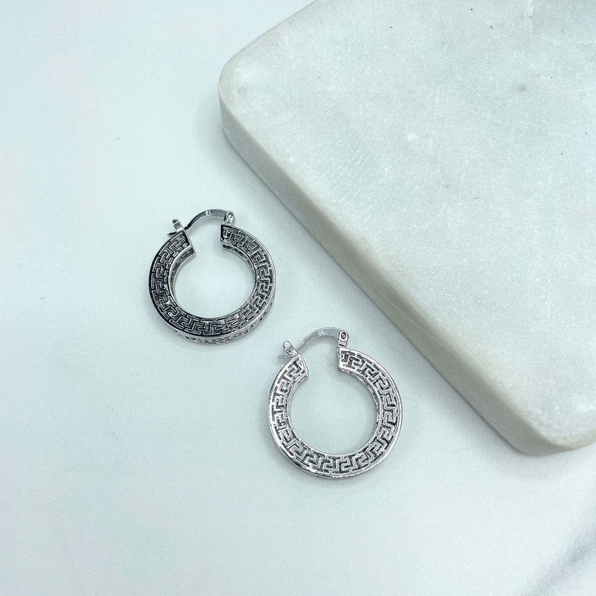 Silver Filled Textured Greek Key Hoops Shape Earrings, Cutout Greek Key Hoop, Medium 26mm or Small 19mm Size, Wholesale Jewelry Supplies