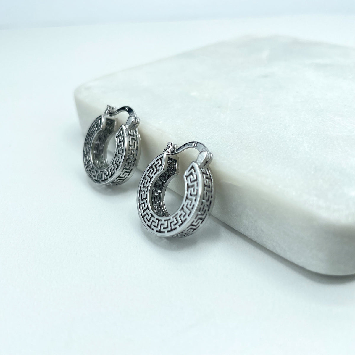 Silver Filled Textured Greek Key Hoops Shape Earrings, Cutout Greek Key Hoop, Medium 26mm or Small 19mm Size, Wholesale Jewelry Supplies