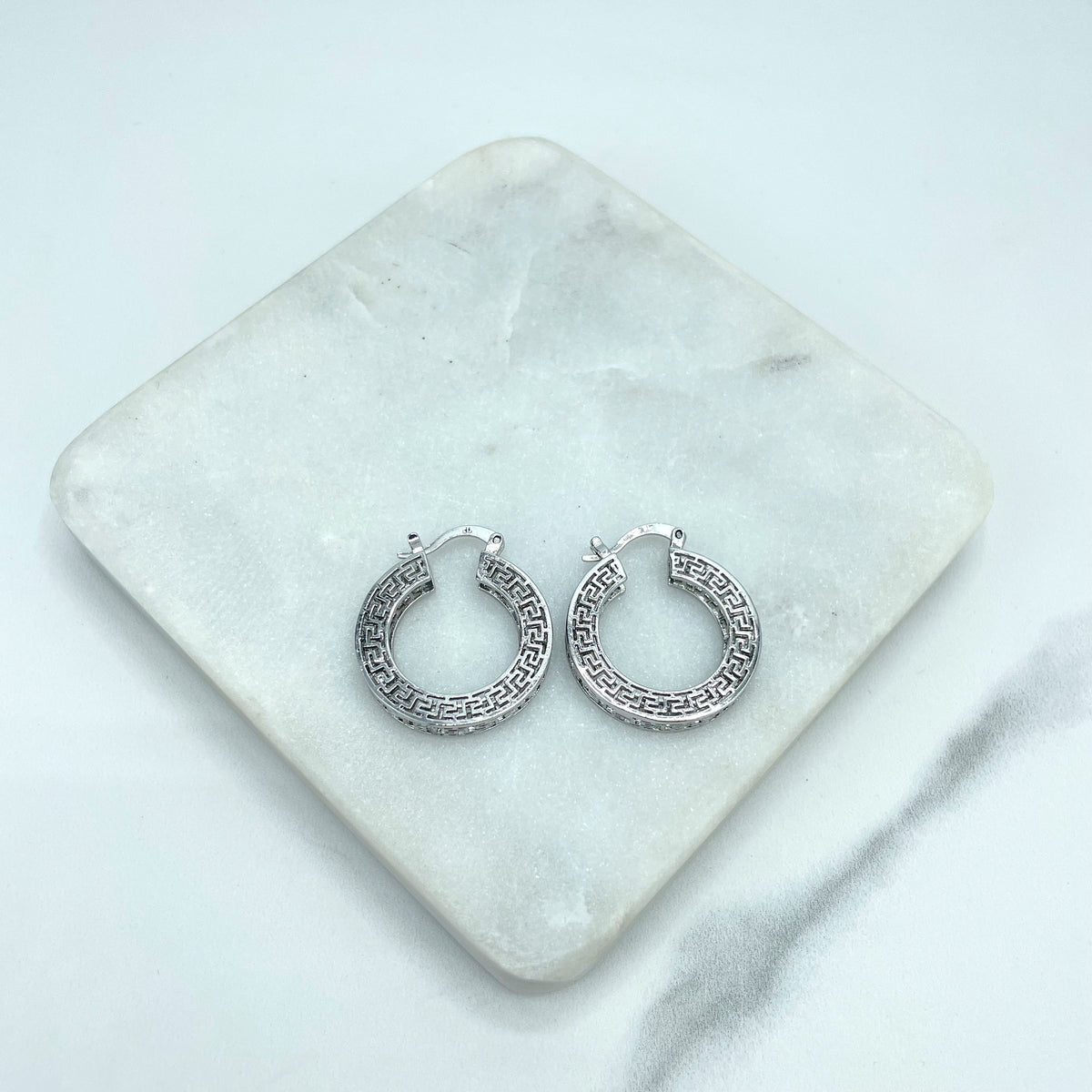 Silver Filled Textured Greek Key Hoops Shape Earrings, Cutout Greek Key Hoop, Medium 26mm or Small 19mm Size, Wholesale Jewelry Supplies