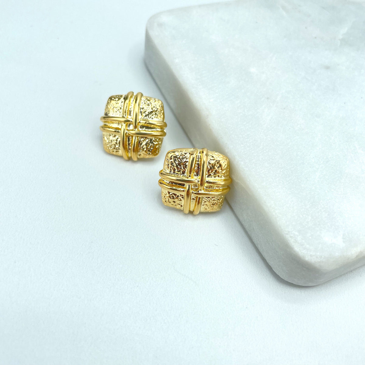 18k Gold Filled Square Textured Stud Earrings with Braided Detail, Push Back Closure, Wholesale Jewelry Making Supplies