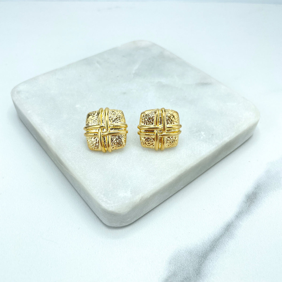 18k Gold Filled Square Textured Stud Earrings with Braided Detail, Push Back Closure, Wholesale Jewelry Making Supplies