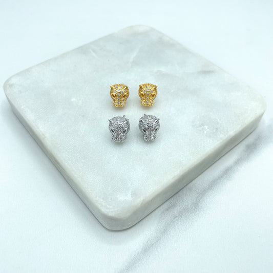 18k Gold Filled or Silver Filled Micro Pave Cubic Zirconia Panther Head Shape Stud Earrings, Leopard Stud Earrings, Wholesale Jewelry