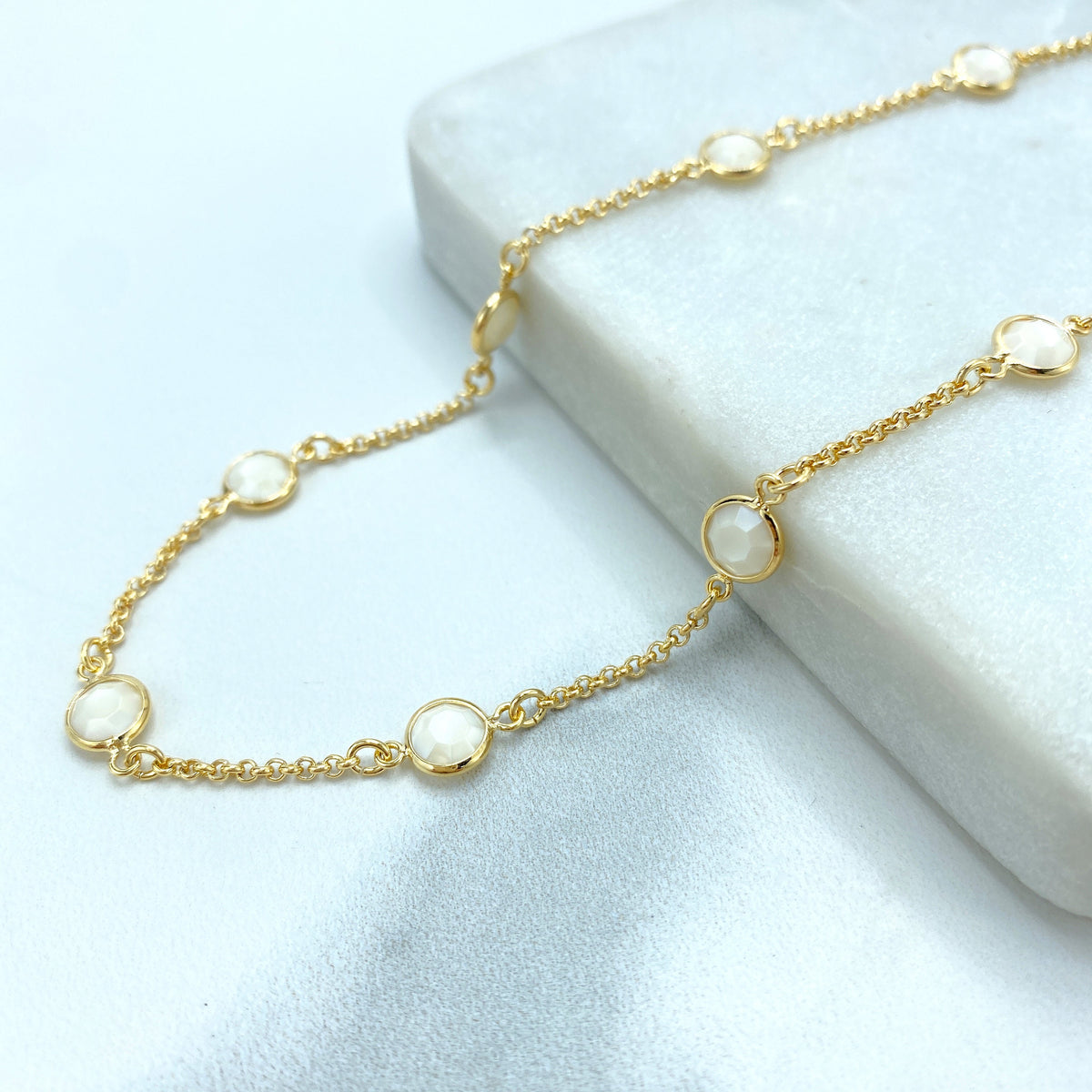 18k Gold Filled White Bead Crystal Linked 17.5" Chain or 7.5" Bracelet Set, White Beaded Chain, Buy as a Set or Separately Wholesale Jewelry