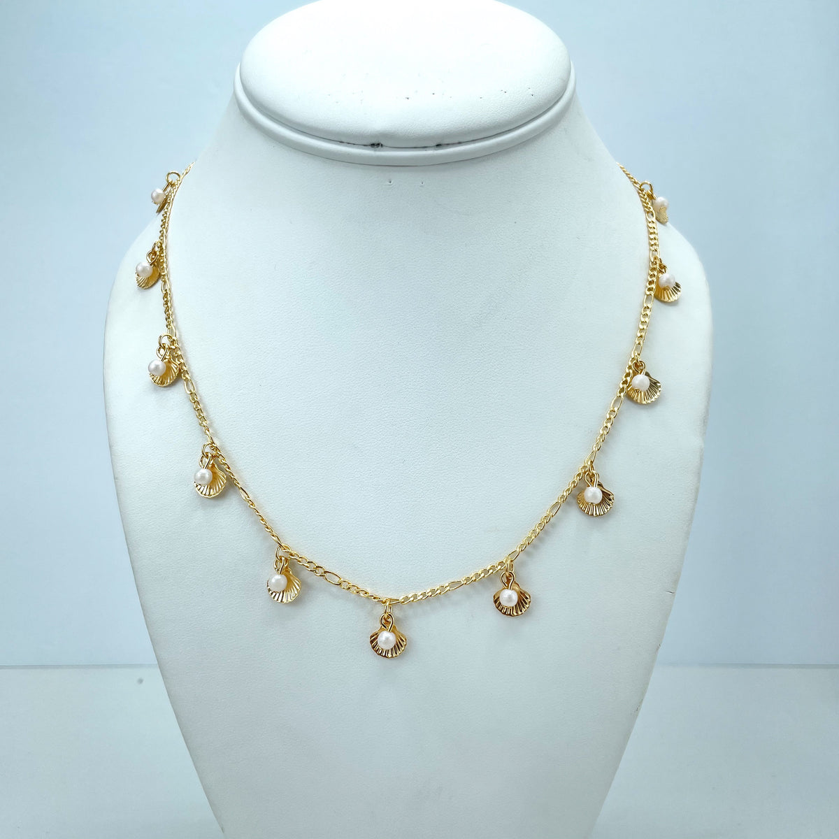 18k Gold Filled 2mm Figaro Chain, 18 Inches Long, with Shells and Simulated Pearls Charms Necklace, Wholesale Jewelry