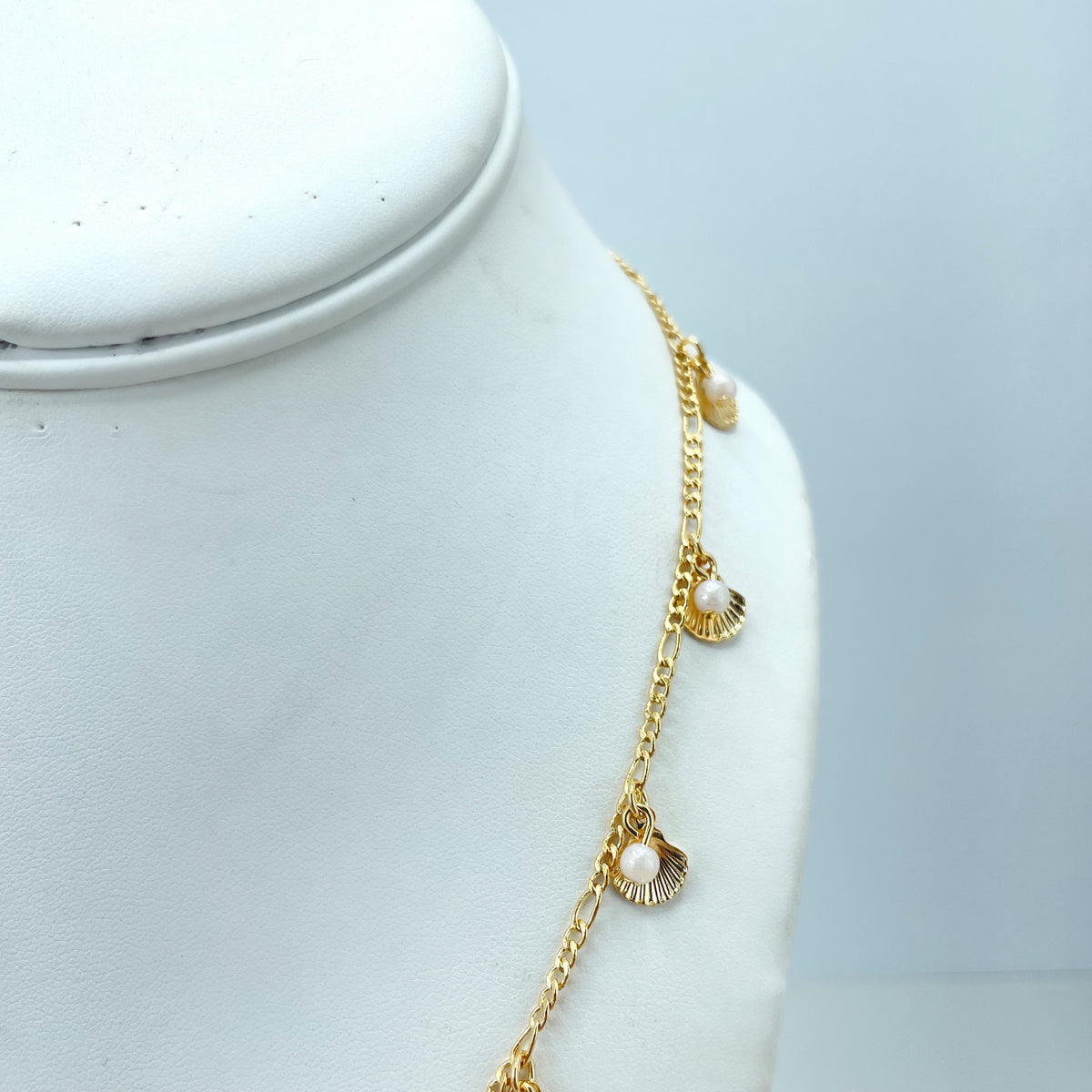 18k Gold Filled 2mm Figaro Chain, 18 Inches Long, with Shells and Simulated Pearls Charms Necklace, Wholesale Jewelry