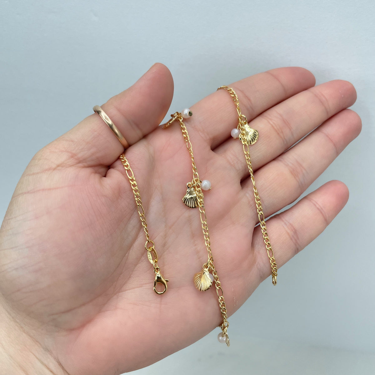 18k Gold Filled 2mm Figaro Chain, 18 Inches Long, with Shells and Simulated Pearls Charms Necklace, Wholesale Jewelry