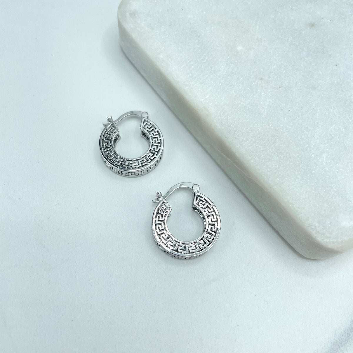 Silver Filled Textured Greek Key Hoops Shape Earrings, Cutout Greek Key Hoop, Medium 26mm or Small 19mm Size, Wholesale Jewelry Supplies