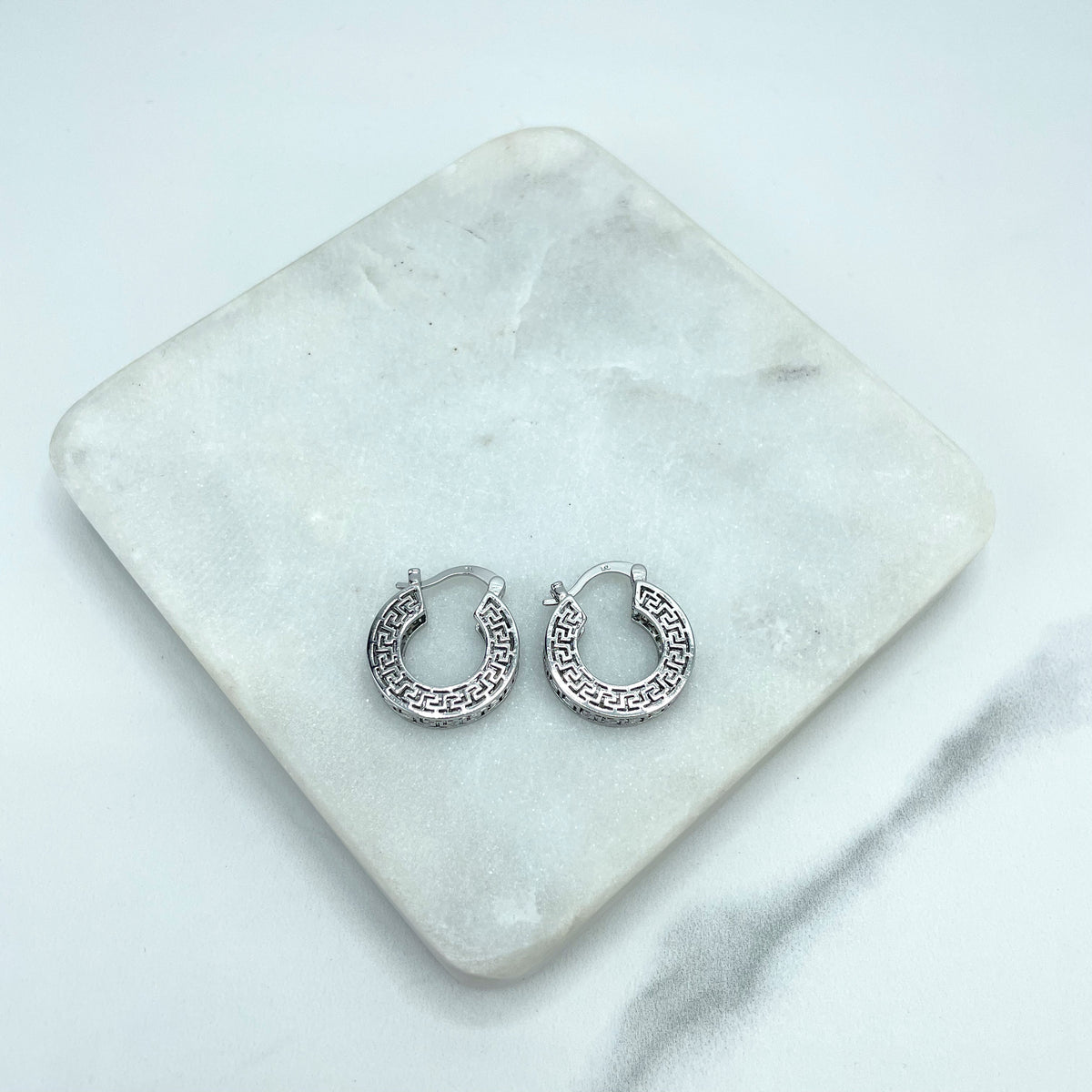 Silver Filled Textured Greek Key Hoops Shape Earrings, Cutout Greek Key Hoop, Medium 26mm or Small 19mm Size, Wholesale Jewelry Supplies