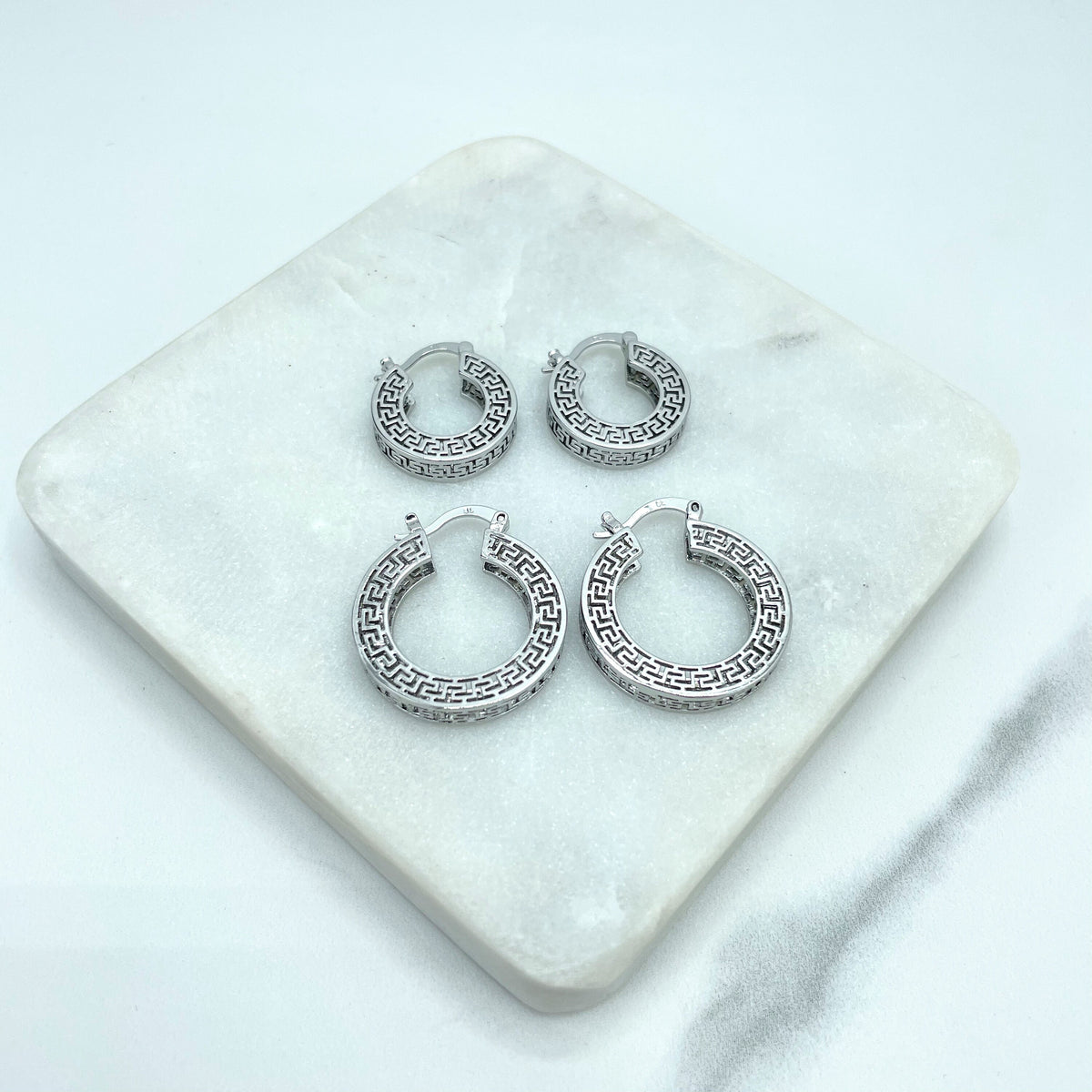 Silver Filled Textured Greek Key Hoops Shape Earrings, Cutout Greek Key Hoop, Medium 26mm or Small 19mm Size, Wholesale Jewelry Supplies