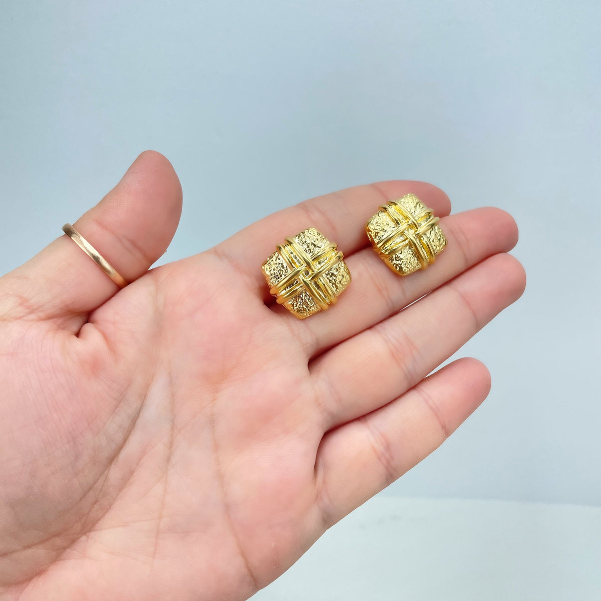 18k Gold Filled Square Textured Stud Earrings with Braided Detail, Push Back Closure, Wholesale Jewelry Making Supplies