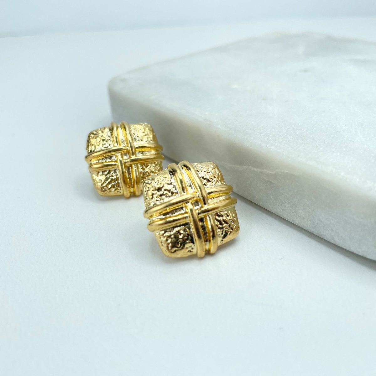 18k Gold Filled Square Textured Stud Earrings with Braided Detail, Push Back Closure, Wholesale Jewelry Making Supplies