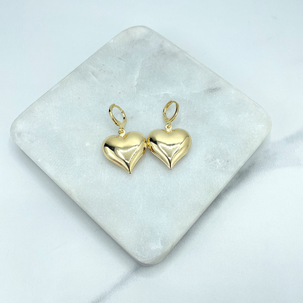 18k Gold Filled Drop Puffed Heart Huggie Earrings, Large or Small Size, Drop and Dangle Heart Earrings, Romantic Earrings, Wholesale Jewelry