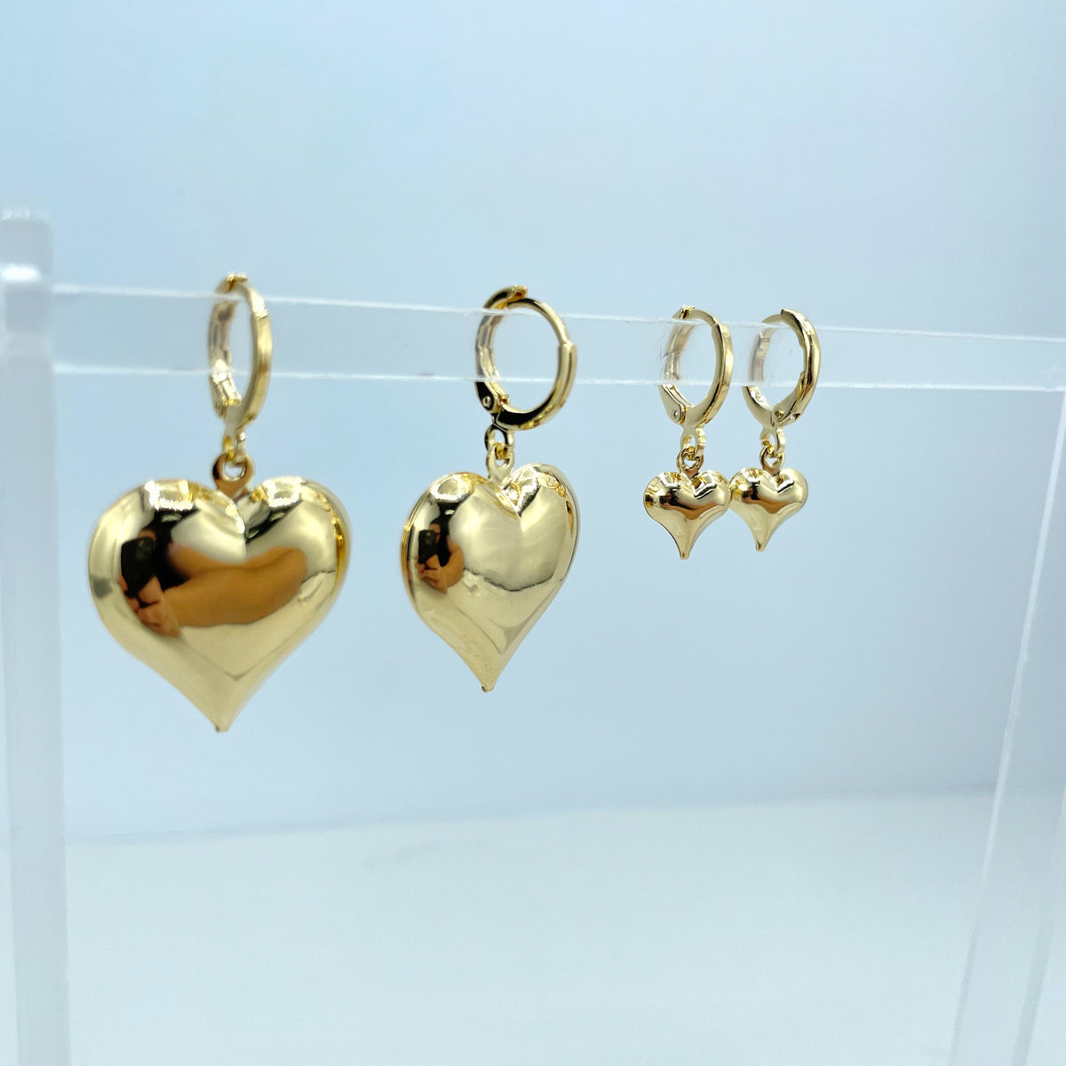 18k Gold Filled Drop Puffed Heart Huggie Earrings, Large or Small Size, Drop and Dangle Heart Earrings, Romantic Earrings, Wholesale Jewelry
