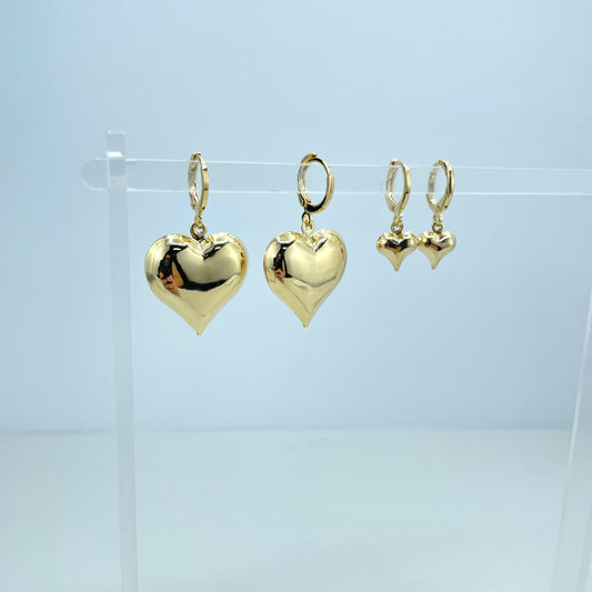 18k Gold Filled Drop Puffed Heart Huggie Earrings, Large or Small Size, Drop and Dangle Heart Earrings, Romantic Earrings, Wholesale Jewelry