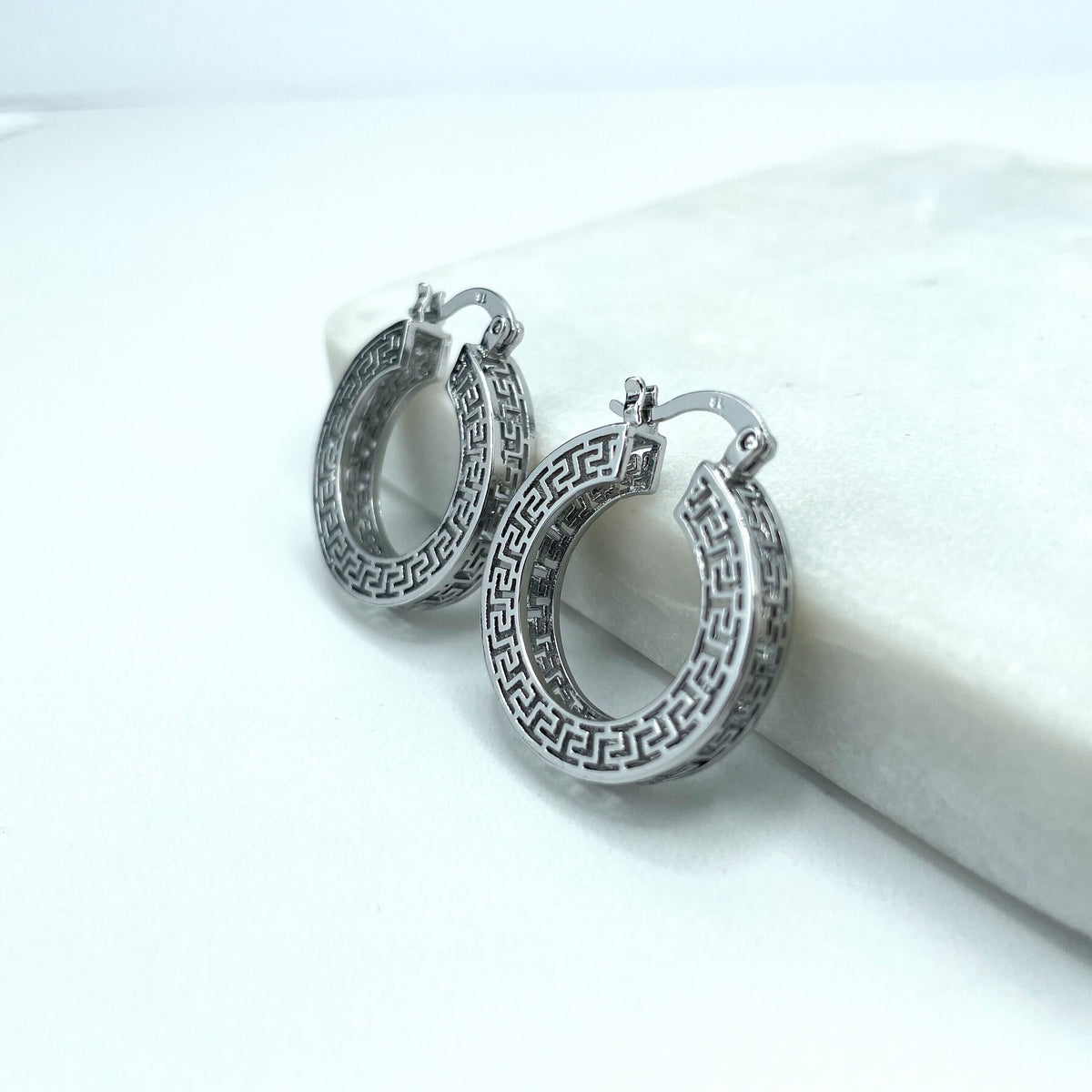 Silver Filled Textured Greek Key Hoops Shape Earrings, Cutout Greek Key Hoop, Medium 26mm or Small 19mm Size, Wholesale Jewelry Supplies