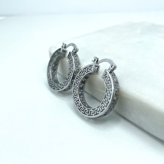 Silver Filled Textured Greek Key Hoops Shape Earrings, Cutout Greek Key Hoop, Medium 26mm or Small 19mm Size, Wholesale Jewelry Supplies