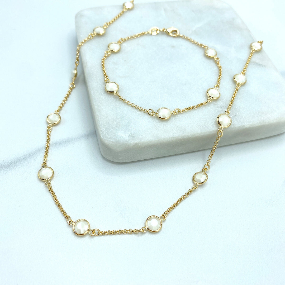 18k Gold Filled White Bead Crystal Linked 17.5" Chain or 7.5" Bracelet Set, White Beaded Chain, Buy as a Set or Separately Wholesale Jewelry