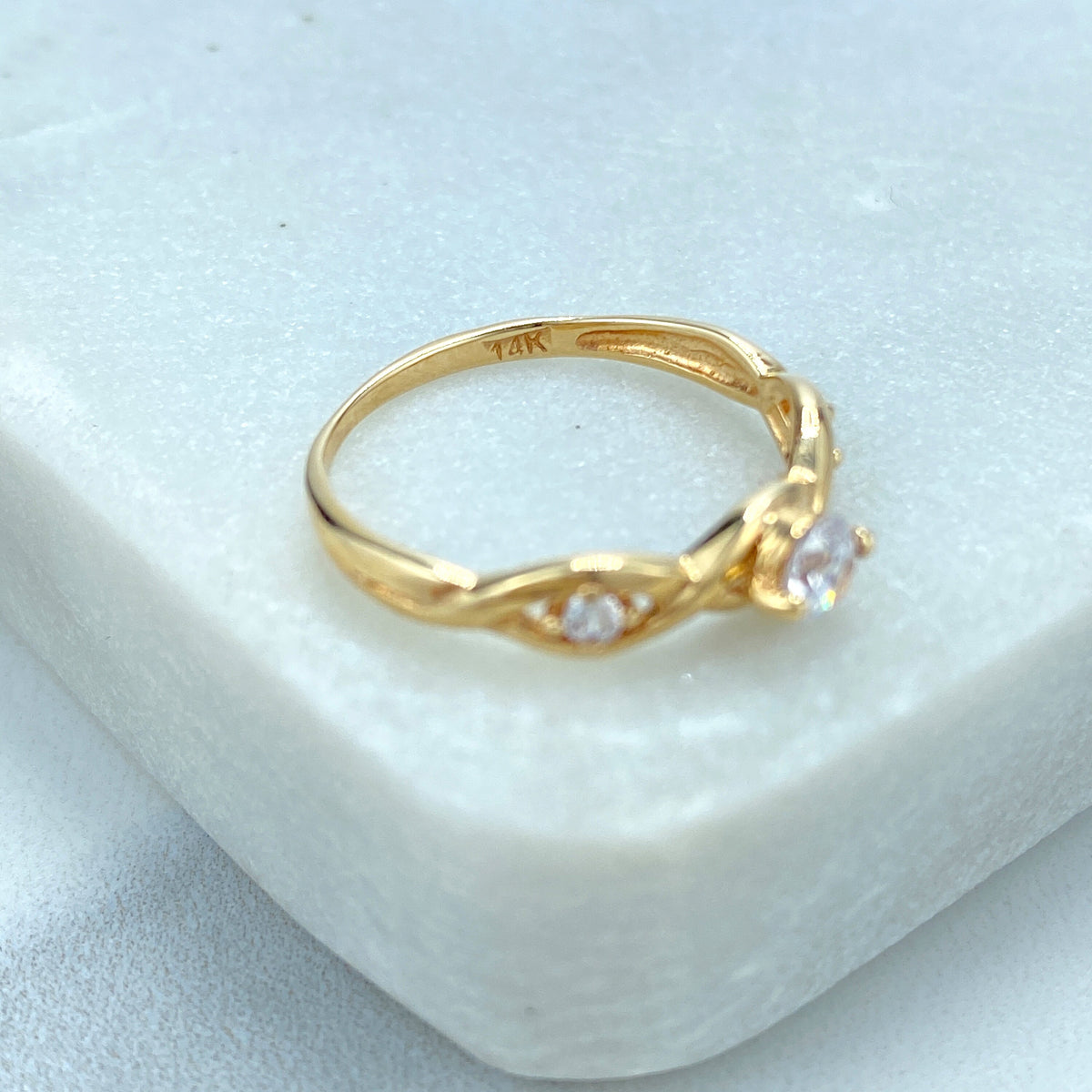 14k Solid Gold Solitaire Ring featuring Cubic Zirconia, 14K Solid Gold Twisted Style with Zirconia Ring (Inside Stamped)
