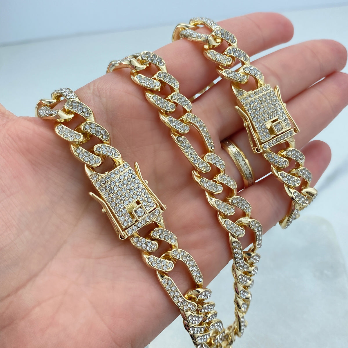 14k Gold Filled, 13mm Iced Figaro Chain Style, Featuring Double Safety Lock Box Cubic Zirconia Chain and Bracelet SET, Wholesale Jewelry