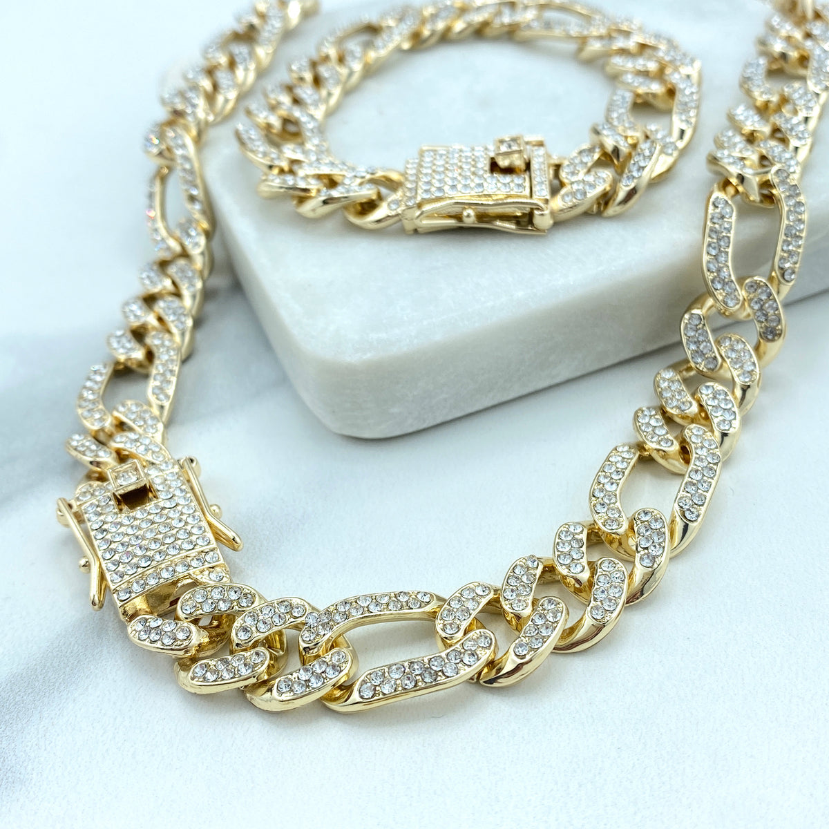 14k Gold Filled, 13mm Iced Figaro Chain Style, Featuring Double Safety Lock Box Cubic Zirconia Chain and Bracelet SET, Wholesale Jewelry
