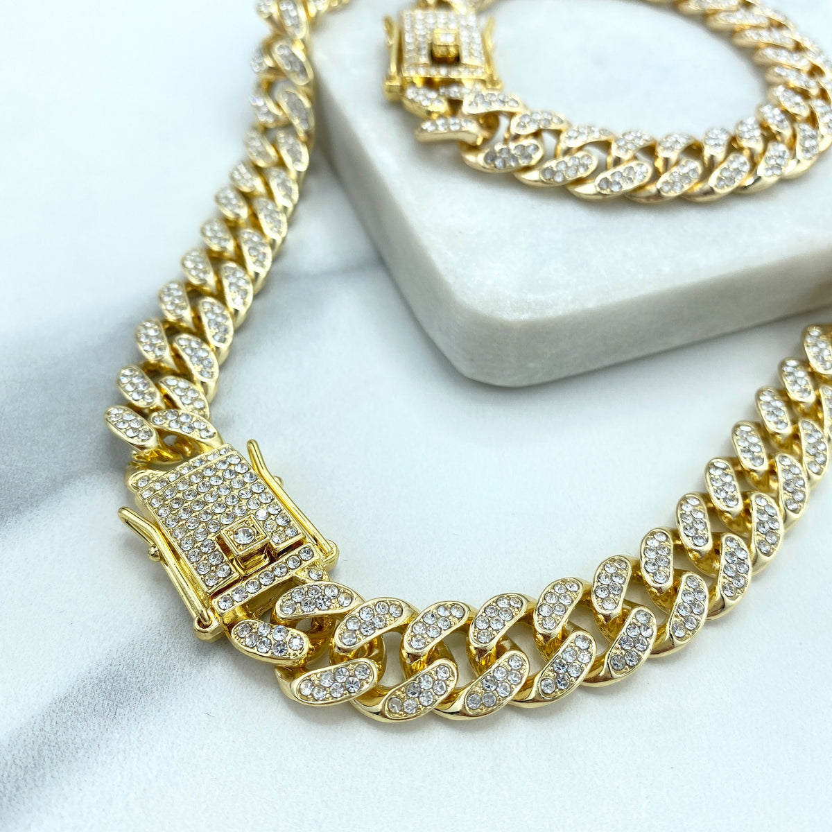 14k Gold Filled, 12mm Iced Miami Cuban Chain, Featuring Double Safety Lock Box Cubic Zirconia Chain and Bracelet SET, Wholesale Jewelry
