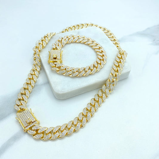 14k Gold Filled, 12mm Iced Miami Cuban Chain, Featuring Double Safety Lock Box Cubic Zirconia Chain and Bracelet SET, Wholesale Jewelry