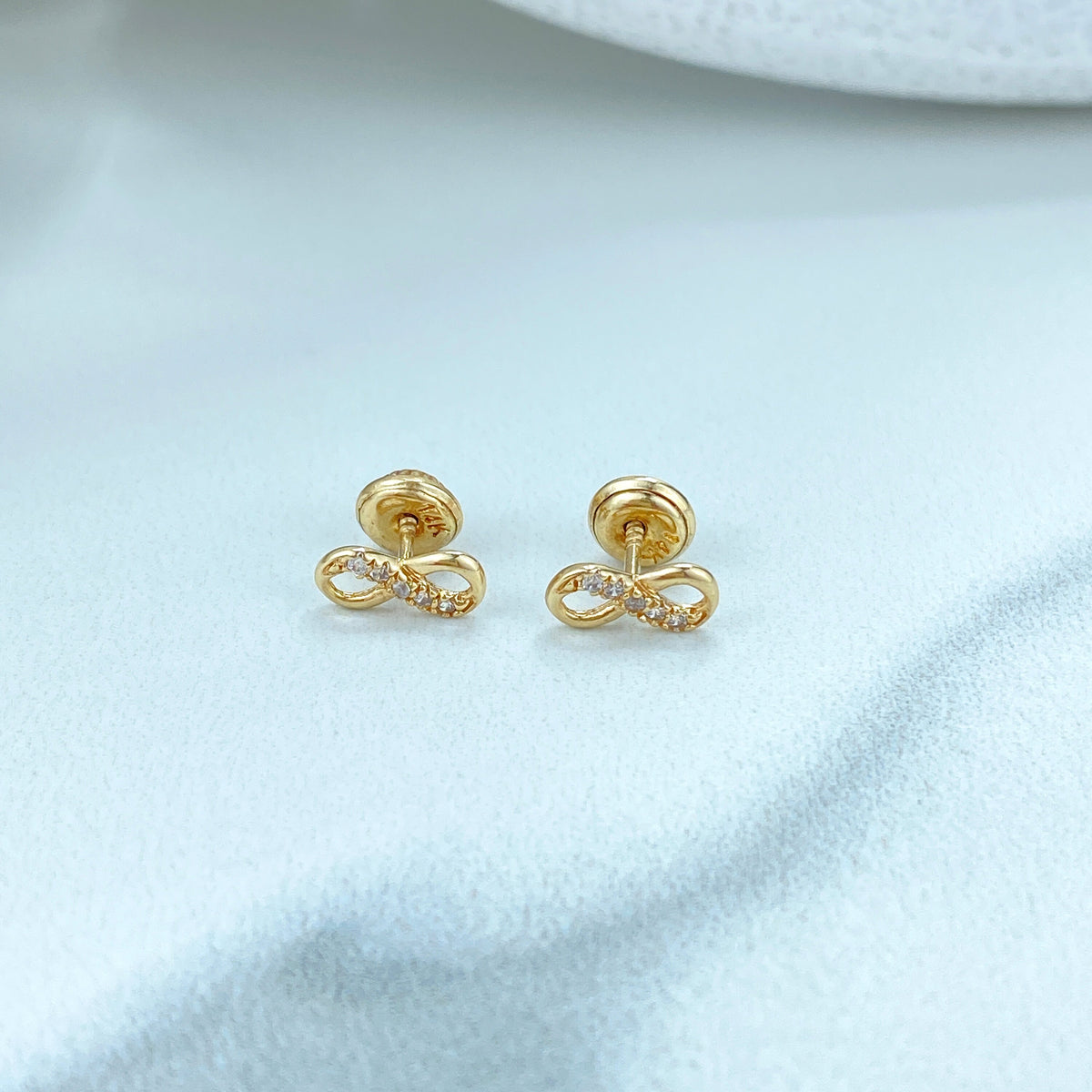 14k Solid Gold Infinity Stud Earrings featuring Cubic Zirconia, 14k Solid Gold CZ Stud, 14k Solid Yellow Gold Stud, Screw Back Studs, Unisex