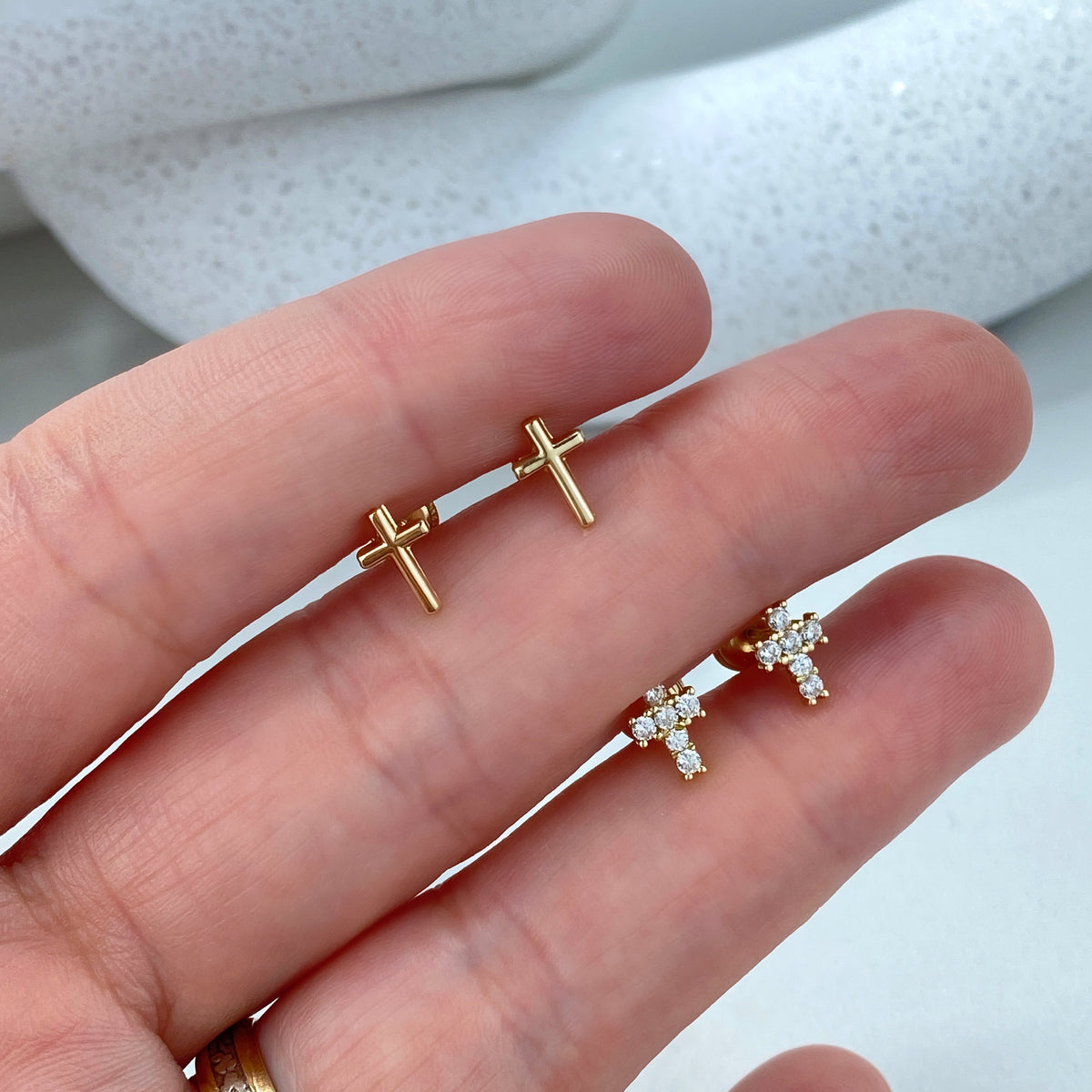 14k Solid Gold Cross Shape Stud Earrings, Polished or featuring Cubic Zirconia, 14k Solid Yellow Gold Cross Stud, Screw Back Studs, Unisex