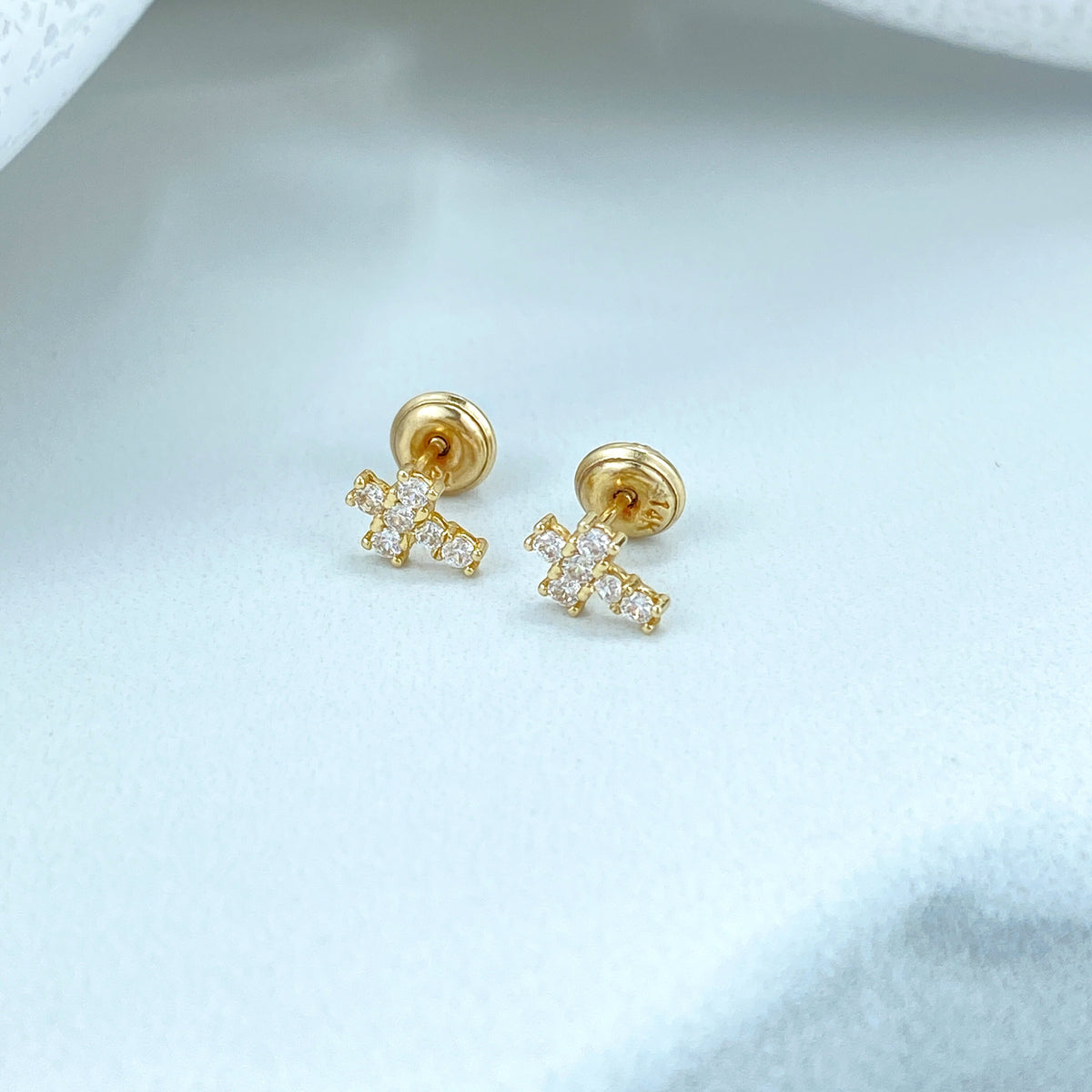 14k Solid Gold Cross Shape Stud Earrings, Polished or featuring Cubic Zirconia, 14k Solid Yellow Gold Cross Stud, Screw Back Studs, Unisex